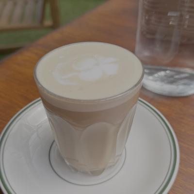 A latte with delicate leaf art in an embossed glass